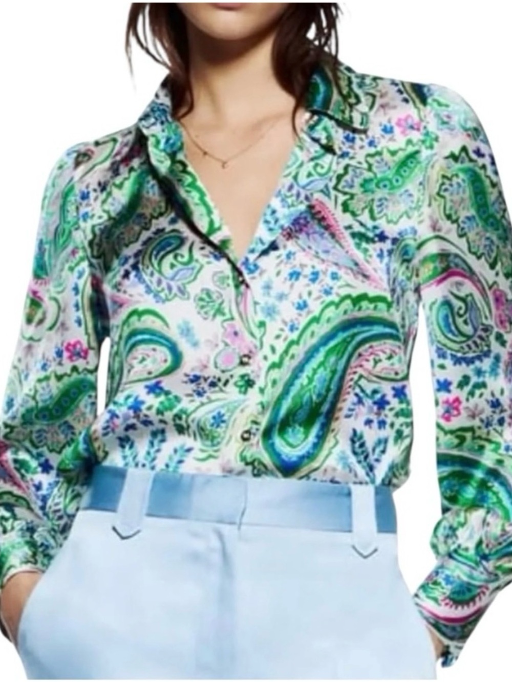 Zara Floral Paisley Button-Front Satin Blouse, M